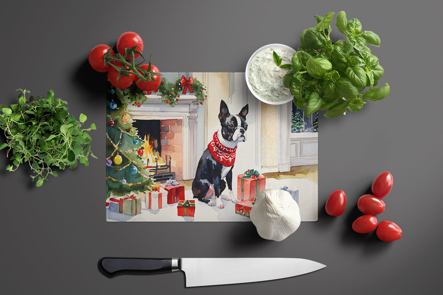 Boston Terrier Cozy Christmas Glass Cutting Board Large