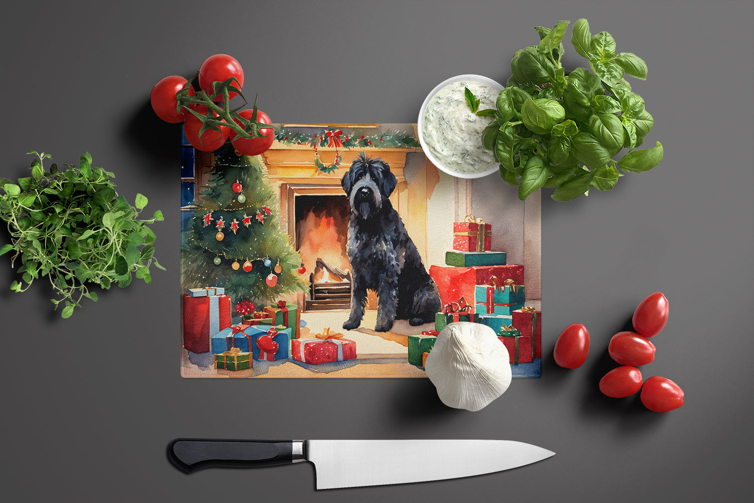 Bouvier des Flandres Cozy Christmas Glass Cutting Board Large