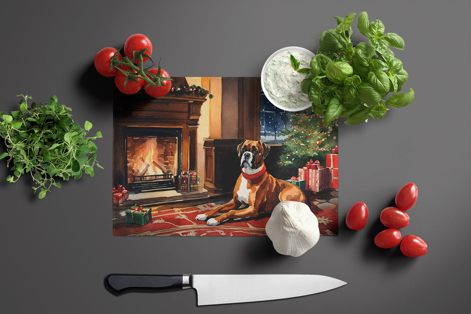 Boxer Cozy Christmas Glass Cutting Board Large