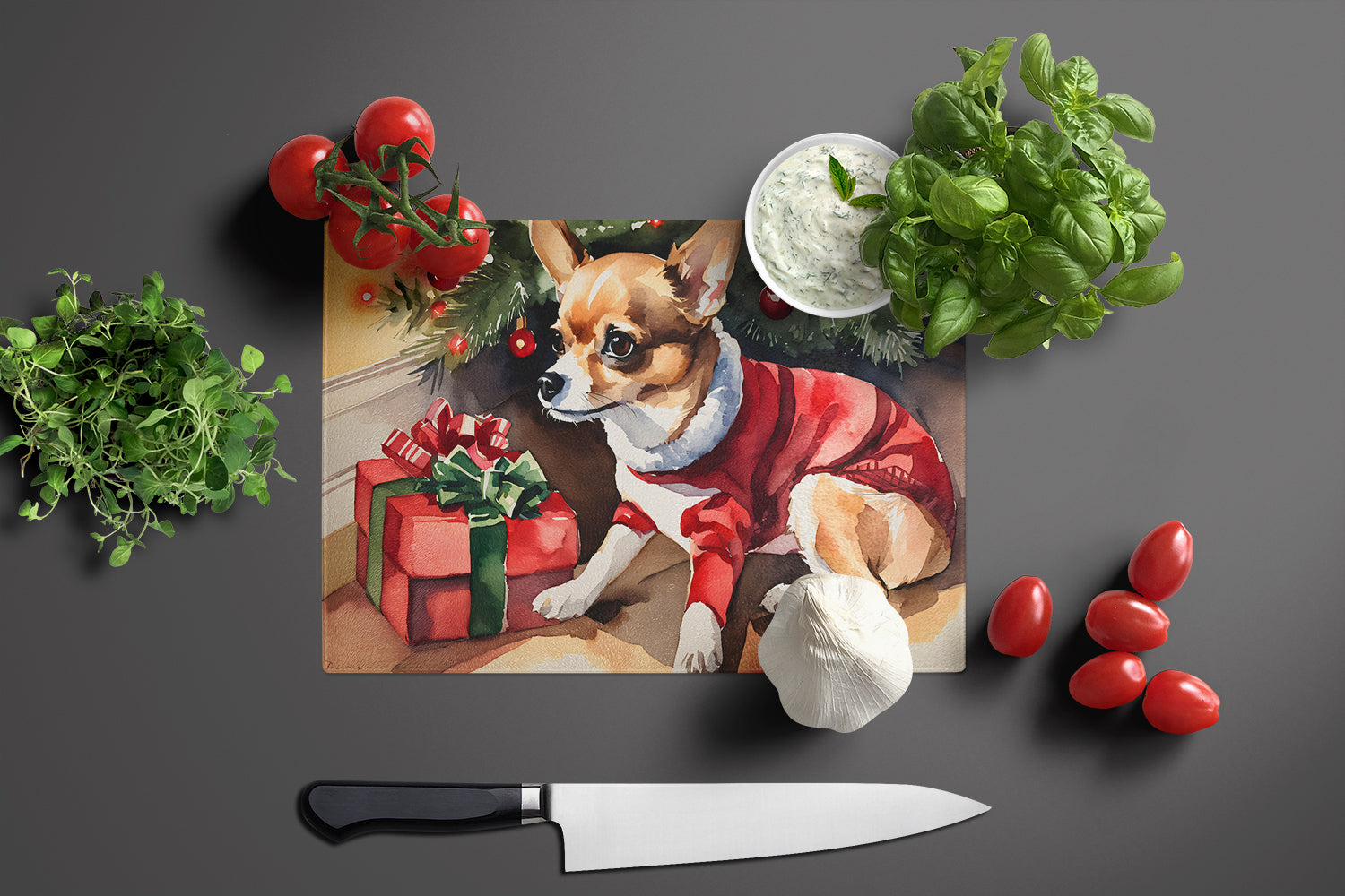 Chihuahua Cozy Christmas Glass Cutting Board Large