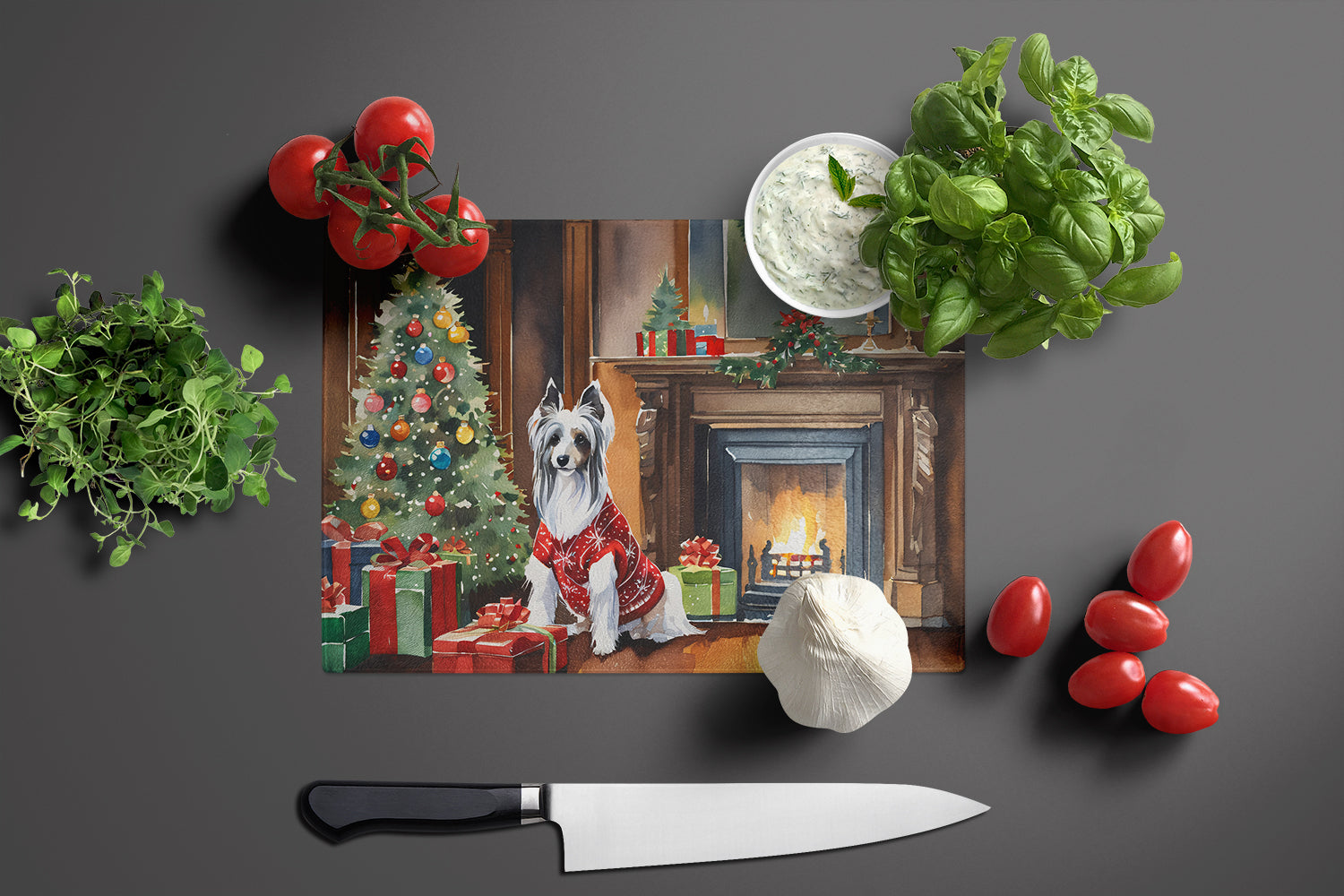 Chinese Crested Cozy Christmas Glass Cutting Board Large
