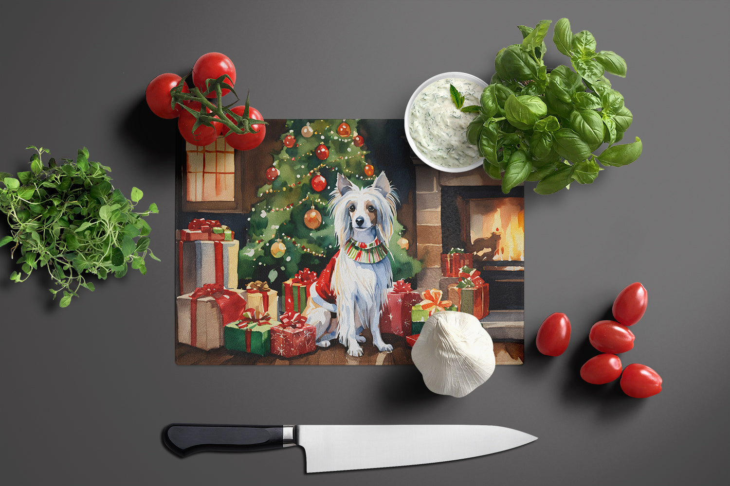 Chinese Crested Cozy Christmas Glass Cutting Board Large