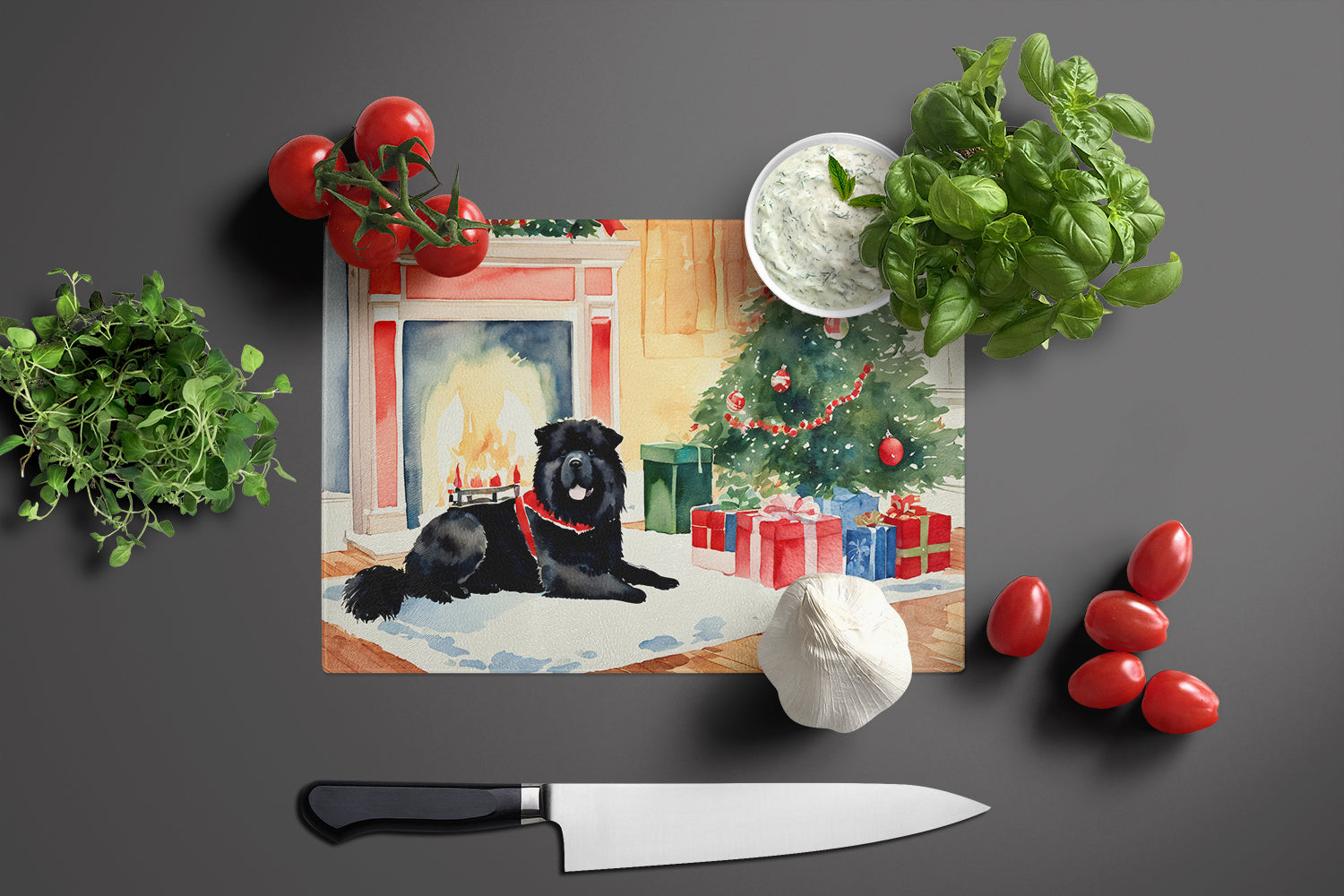 Chow Chow Cozy Christmas Glass Cutting Board Large