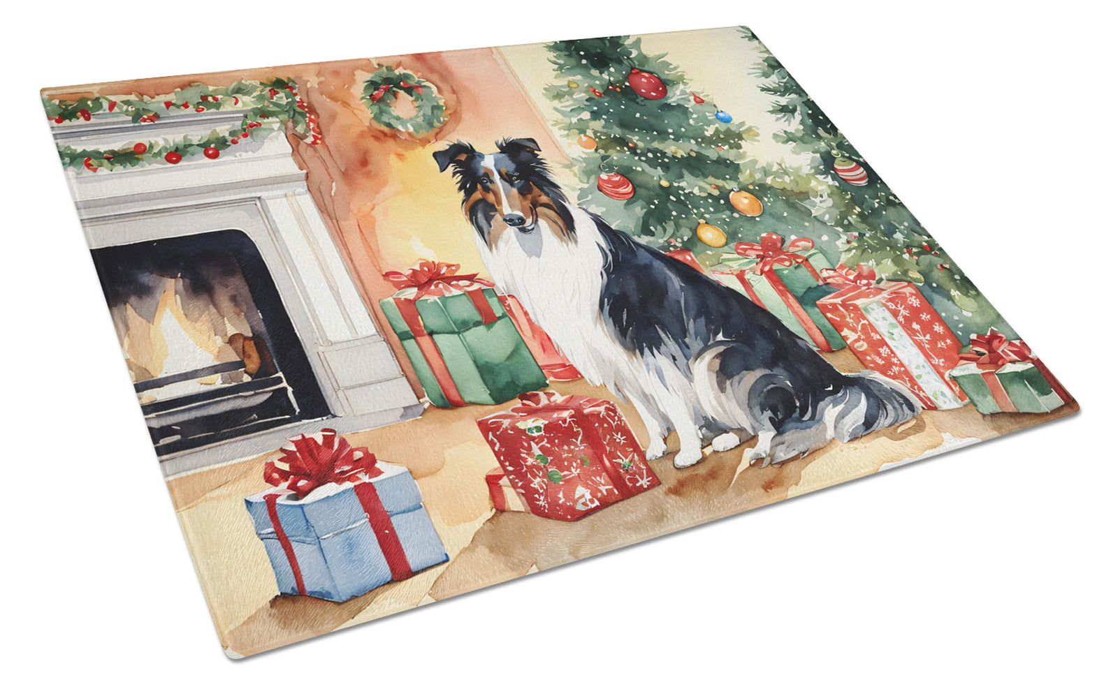 Buy this Collie Cozy Christmas Glass Cutting Board Large