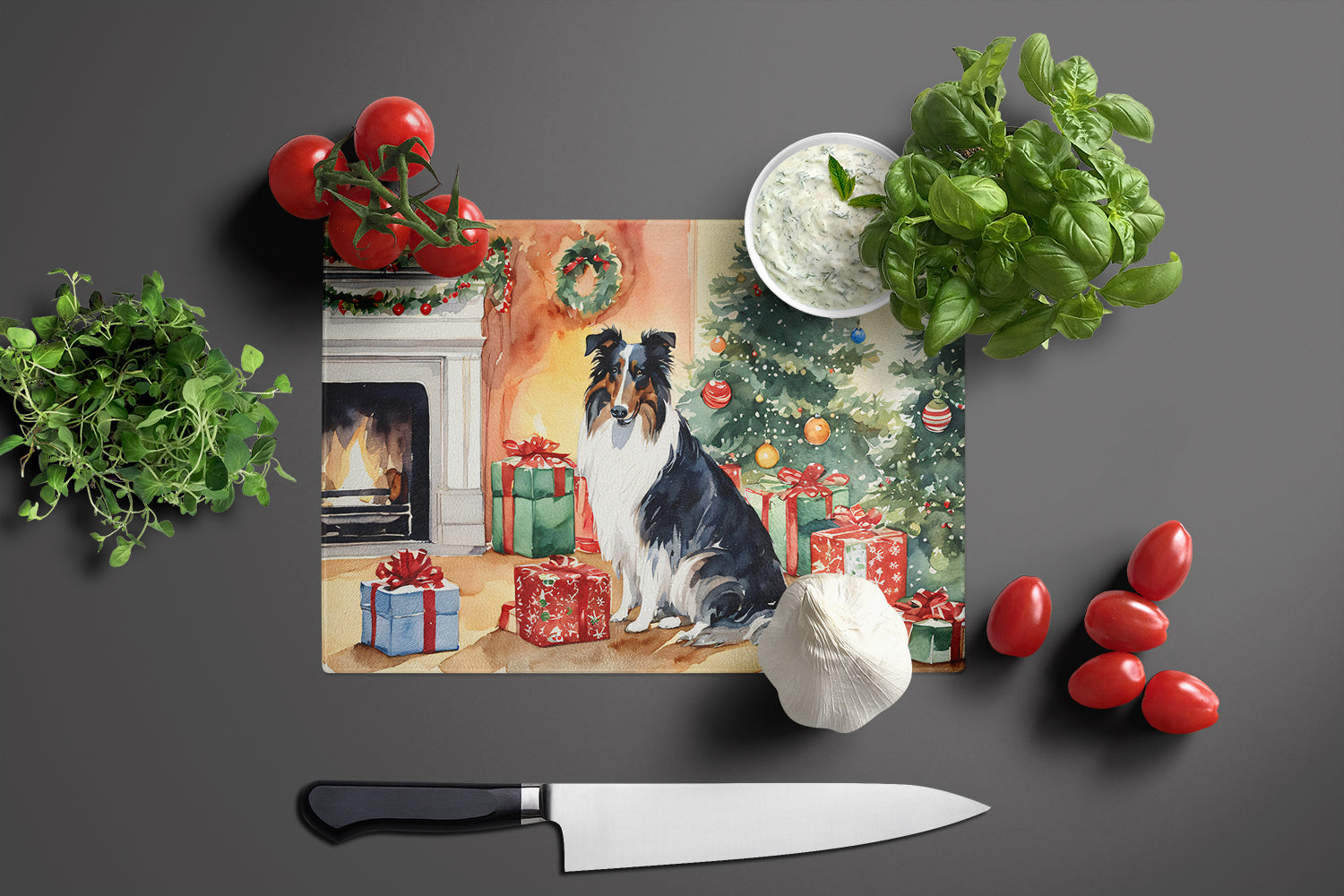 Collie Cozy Christmas Glass Cutting Board Large