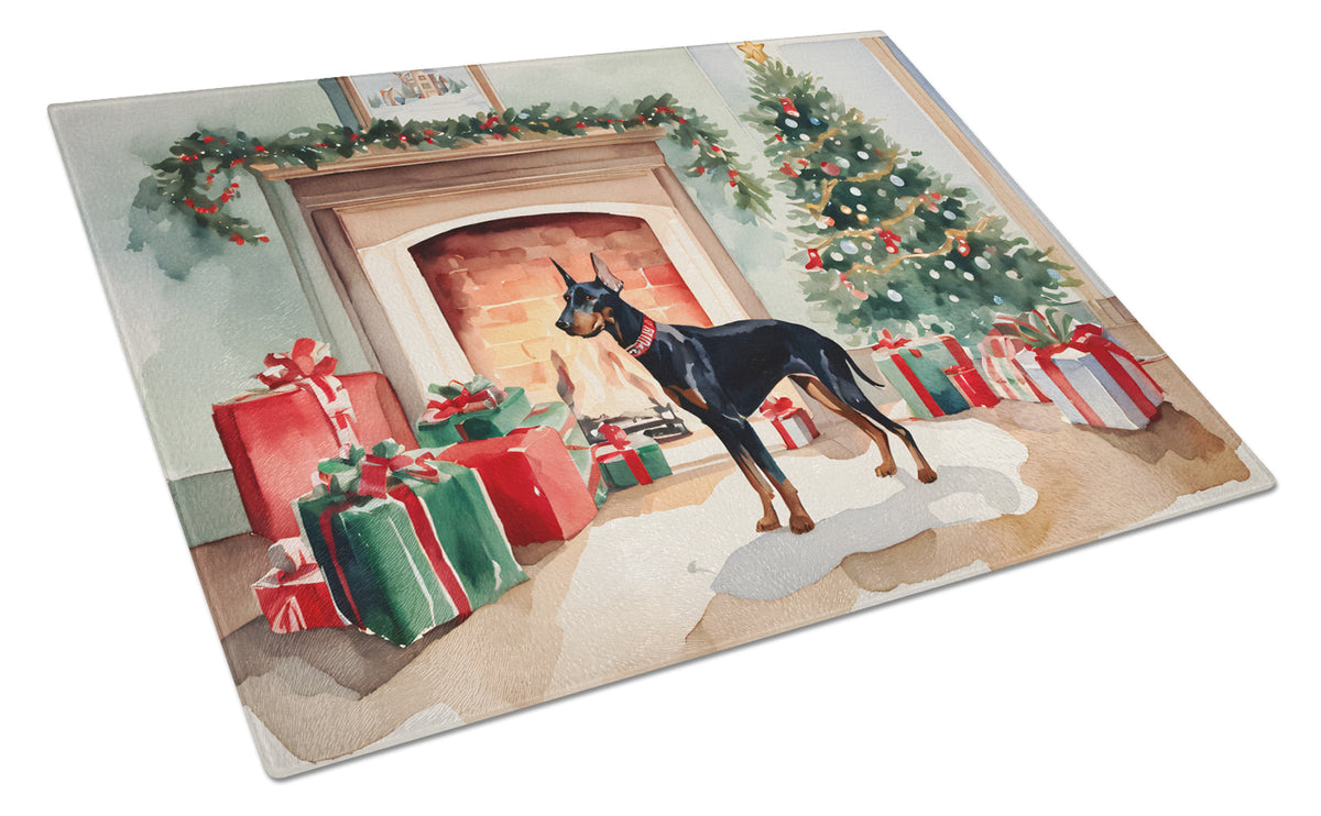 Buy this Doberman Pinscher Cozy Christmas Glass Cutting Board Large