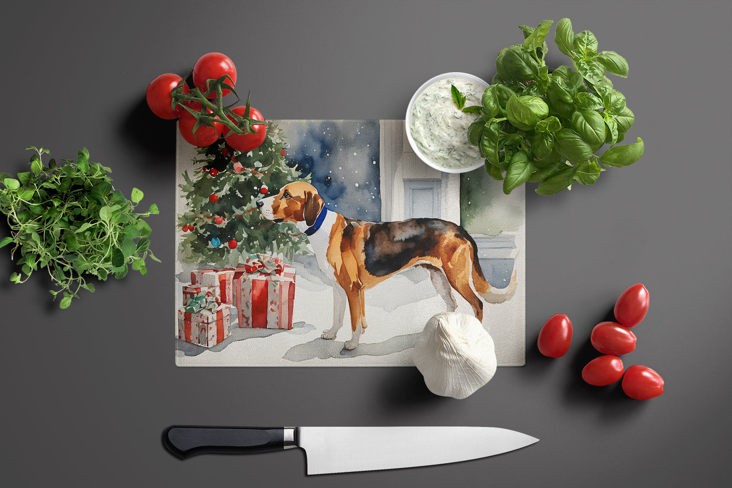 English Foxhound Cozy Christmas Glass Cutting Board Large