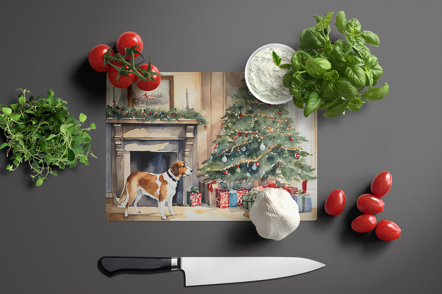 English Foxhound Cozy Christmas Glass Cutting Board Large