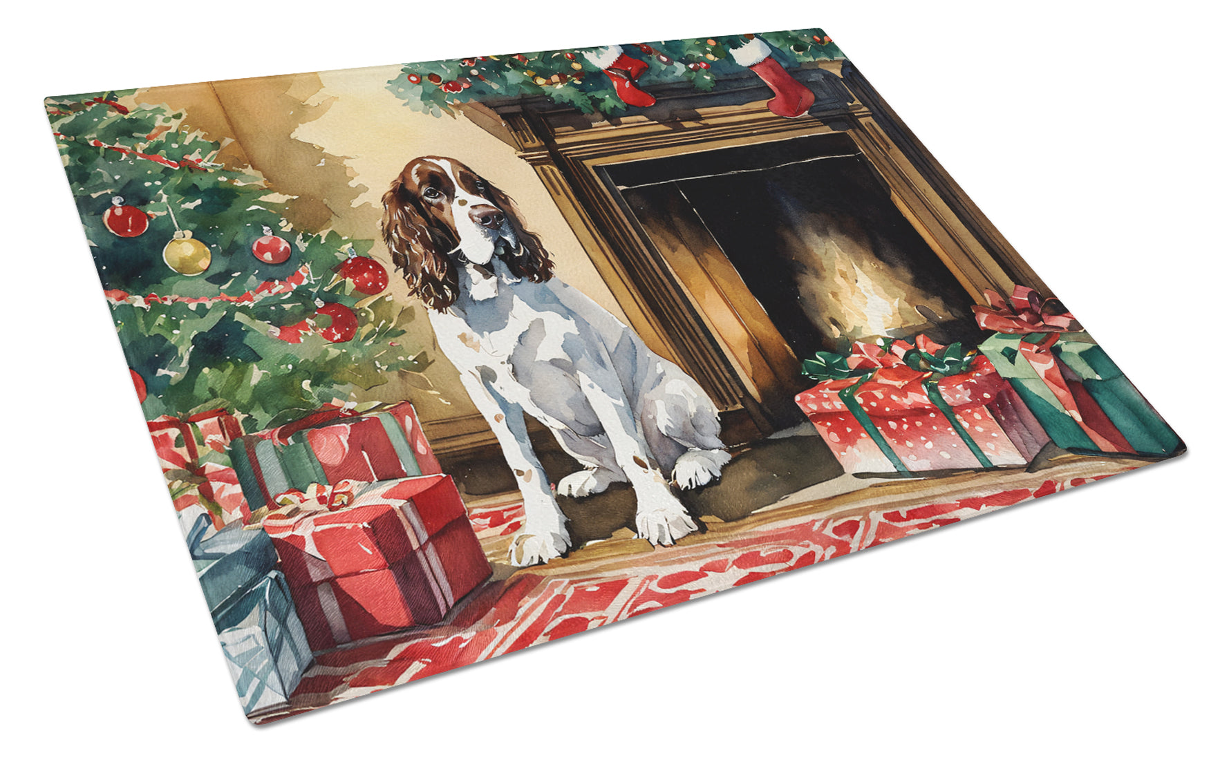 Buy this English Springer Spaniel Cozy Christmas Glass Cutting Board Large