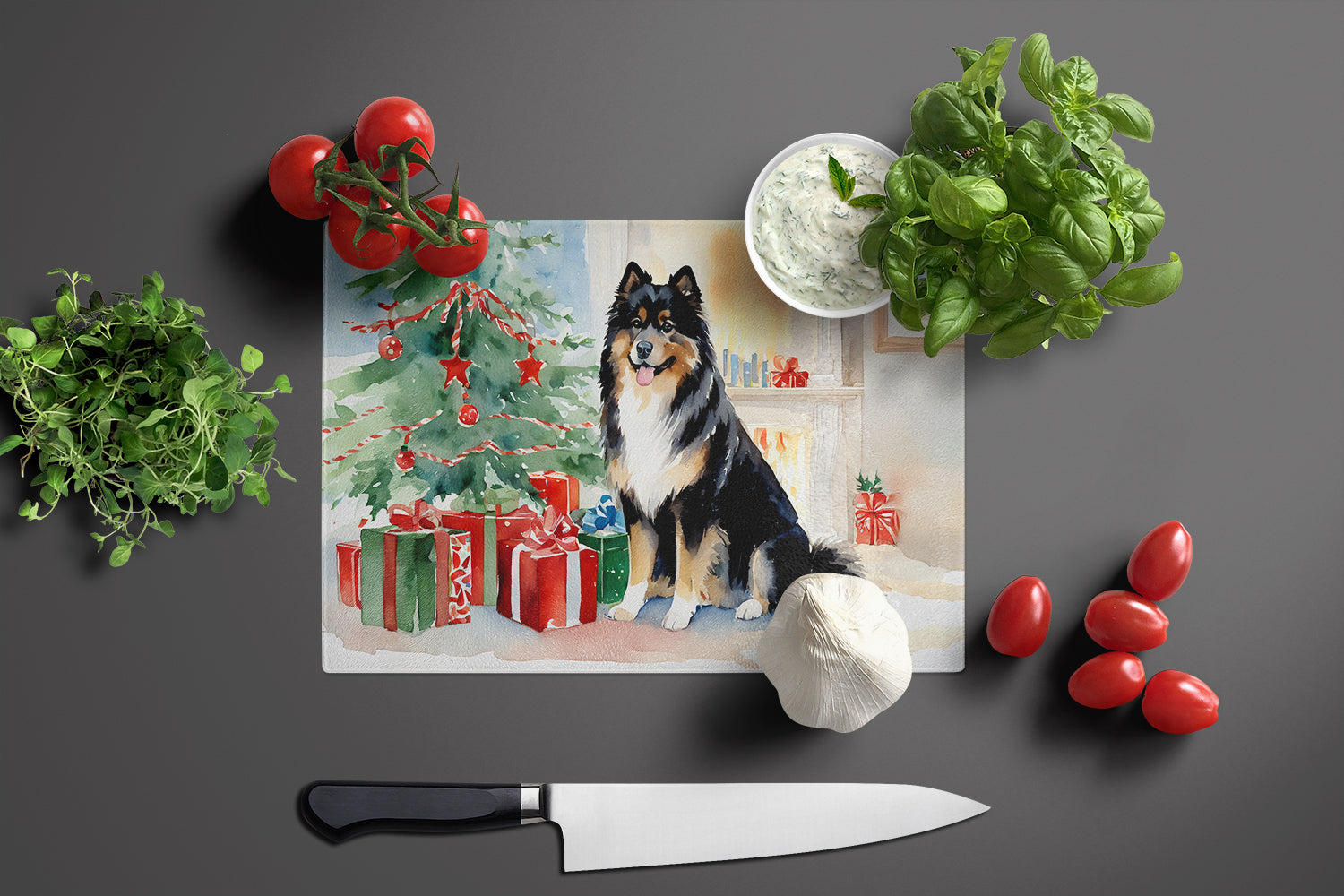 Finnish Lapphund Cozy Christmas Glass Cutting Board Large