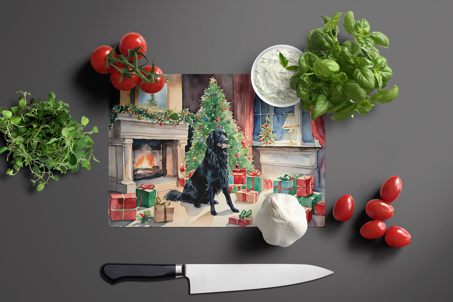 Flat-Coated Retriever Cozy Christmas Glass Cutting Board Large