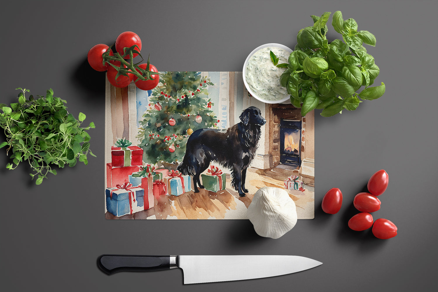 Flat-Coated Retriever Cozy Christmas Glass Cutting Board Large