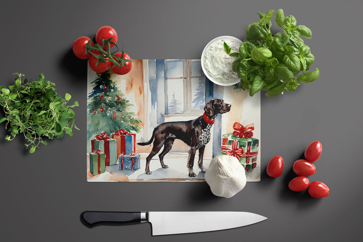 German Shorthaired Pointer Cozy Christmas Glass Cutting Board Large