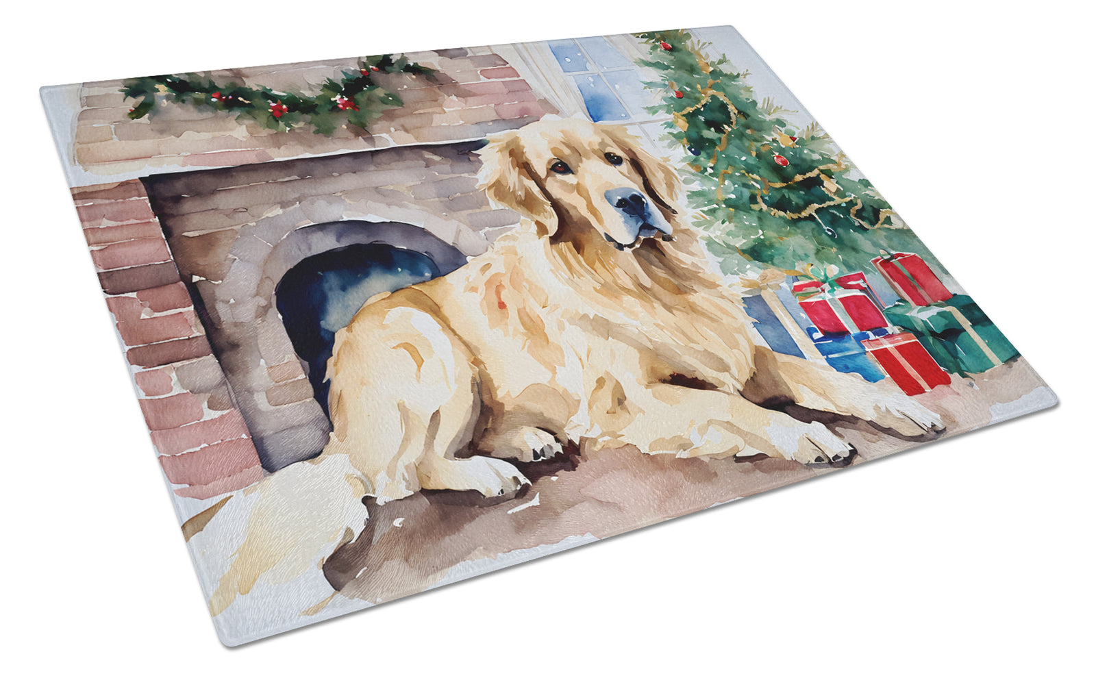 Buy this Golden Retriever Cozy Christmas Glass Cutting Board Large