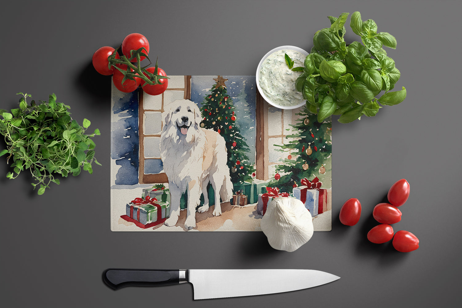Great Pyrenees Cozy Christmas Glass Cutting Board Large
