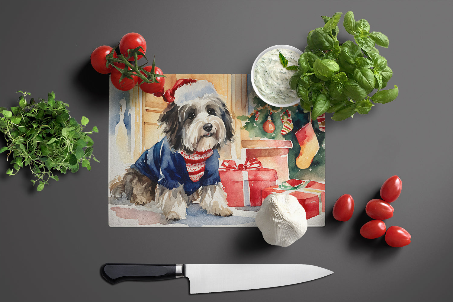Havanese Cozy Christmas Glass Cutting Board Large