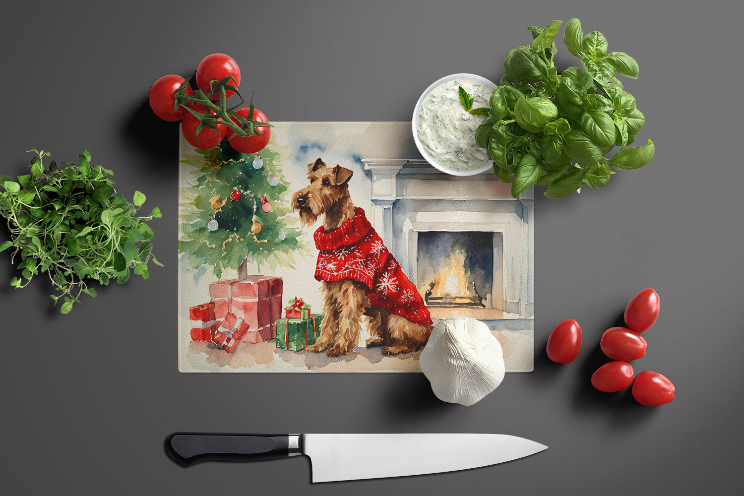 Irish Terrier Cozy Christmas Glass Cutting Board Large