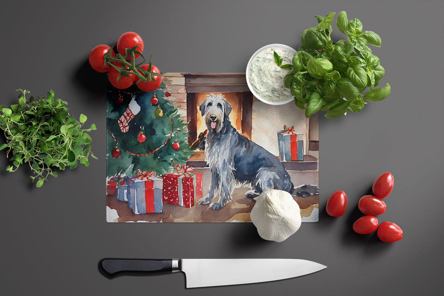 Irish Wolfhound Cozy Christmas Glass Cutting Board Large