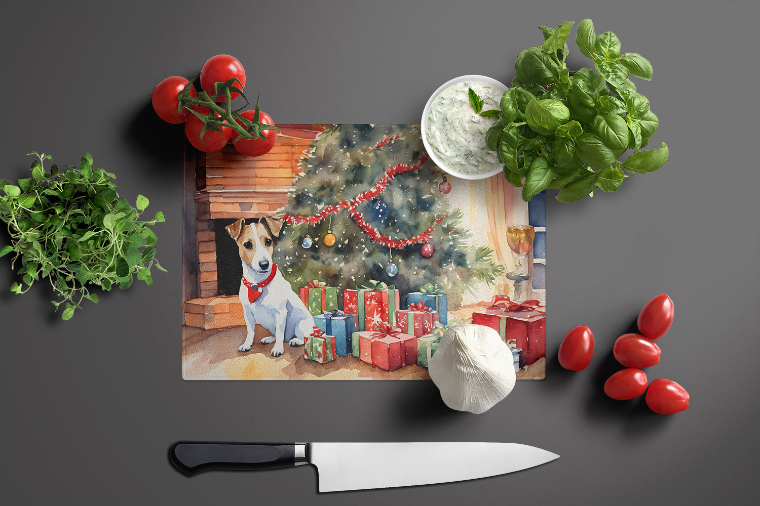 Jack Russell Terrier Cozy Christmas Glass Cutting Board Large