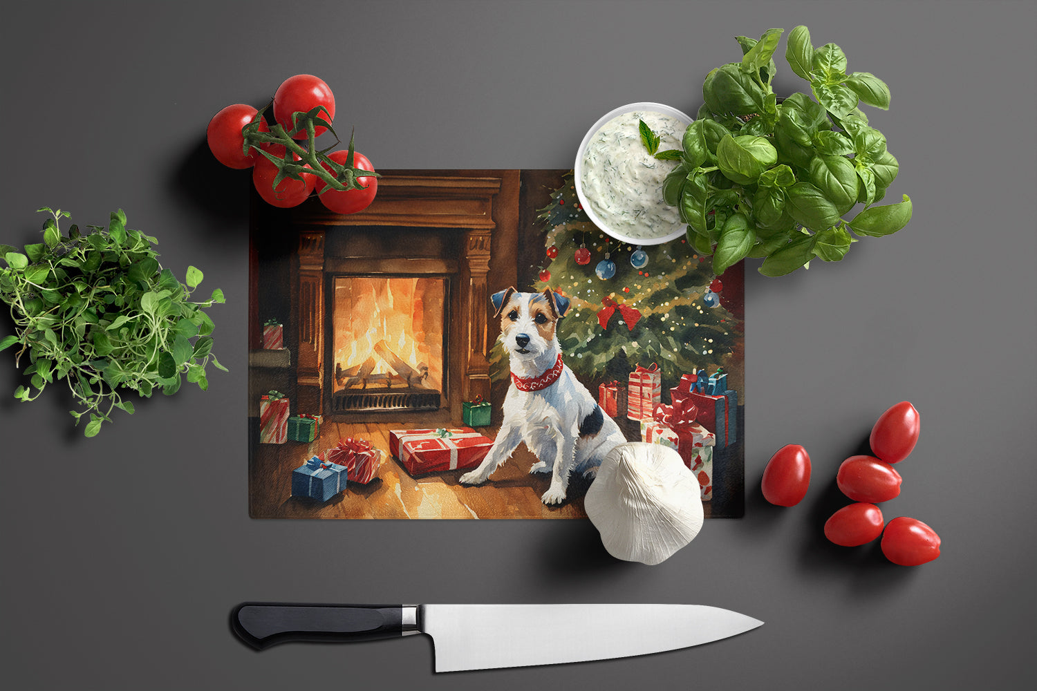 Jack Russell Terrier Cozy Christmas Glass Cutting Board Large