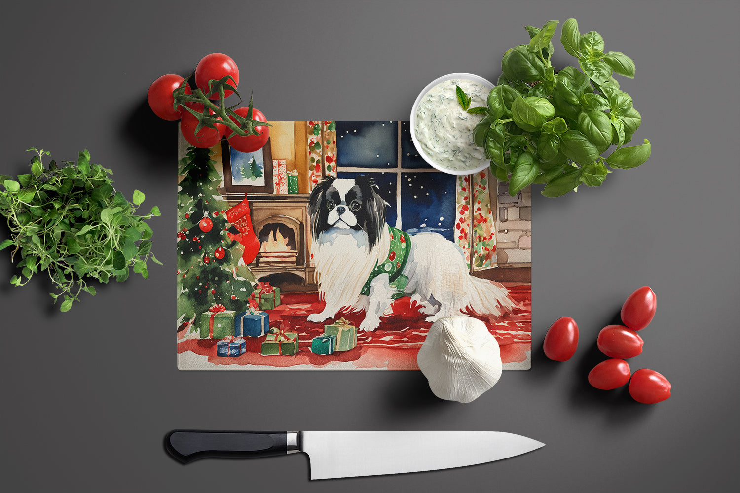 Japanese Chin Cozy Christmas Glass Cutting Board Large