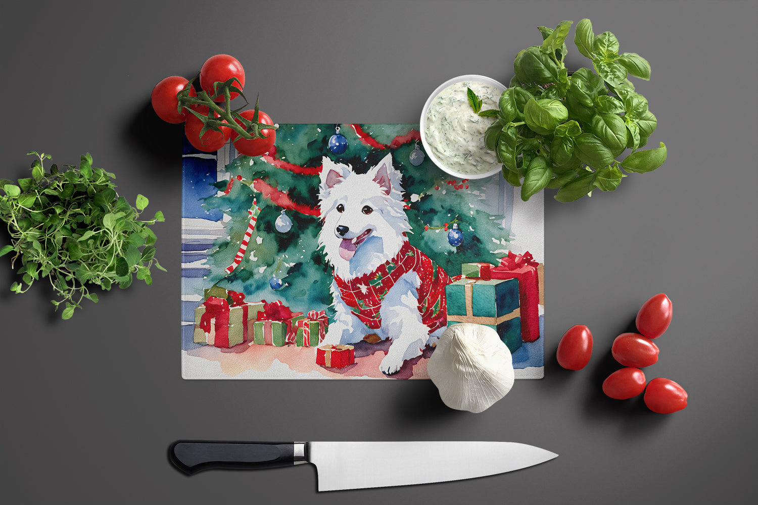 Japanese Spitz Cozy Christmas Glass Cutting Board Large