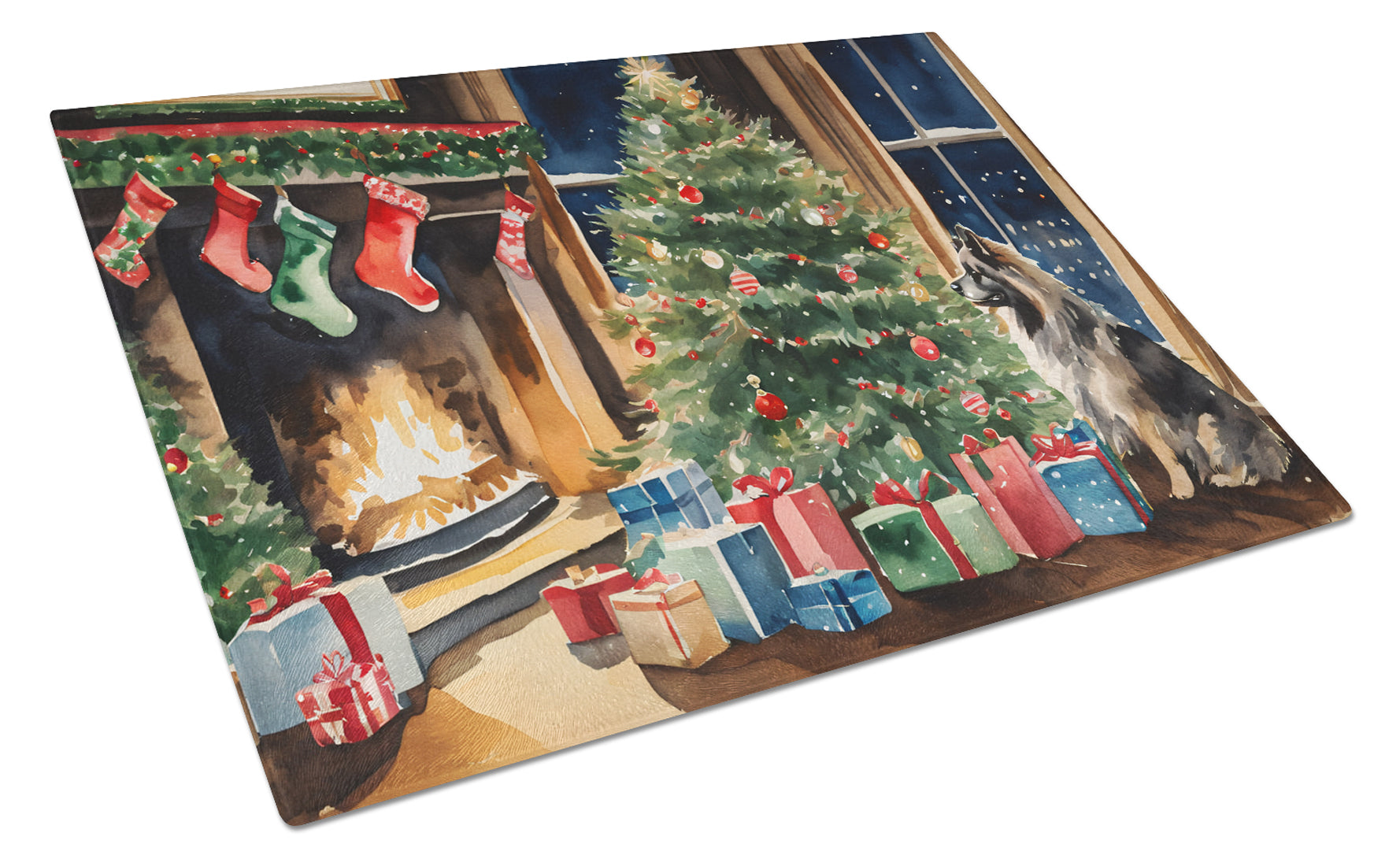 Buy this Keeshond Cozy Christmas Glass Cutting Board Large