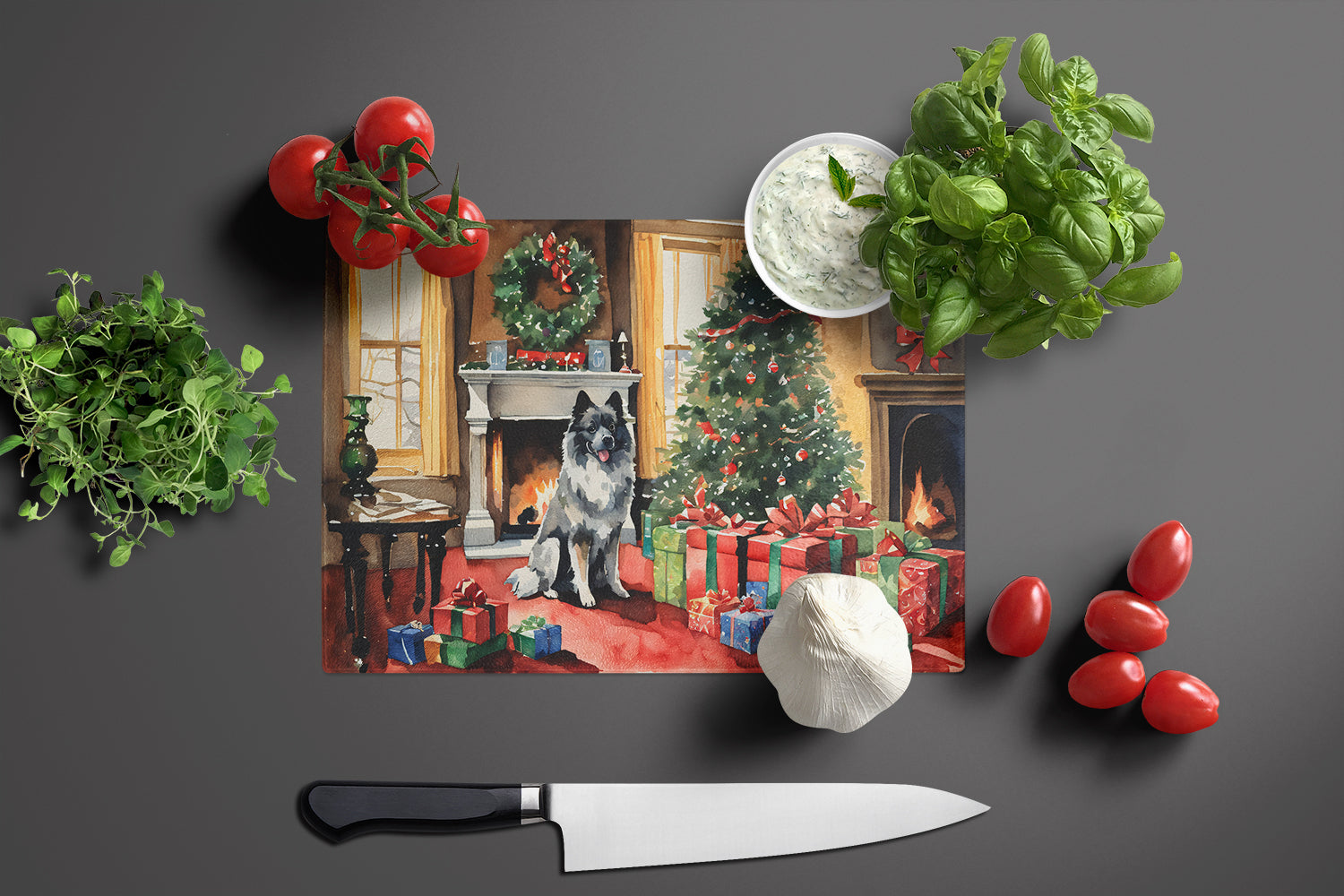 Keeshond Cozy Christmas Glass Cutting Board Large