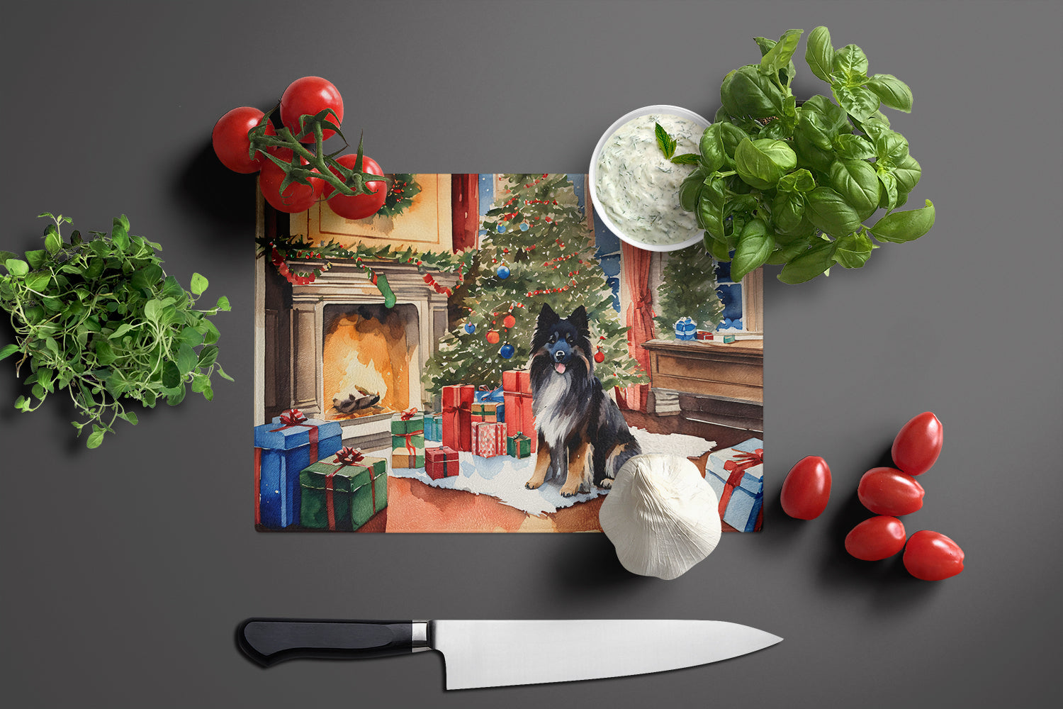 Keeshond Cozy Christmas Glass Cutting Board Large