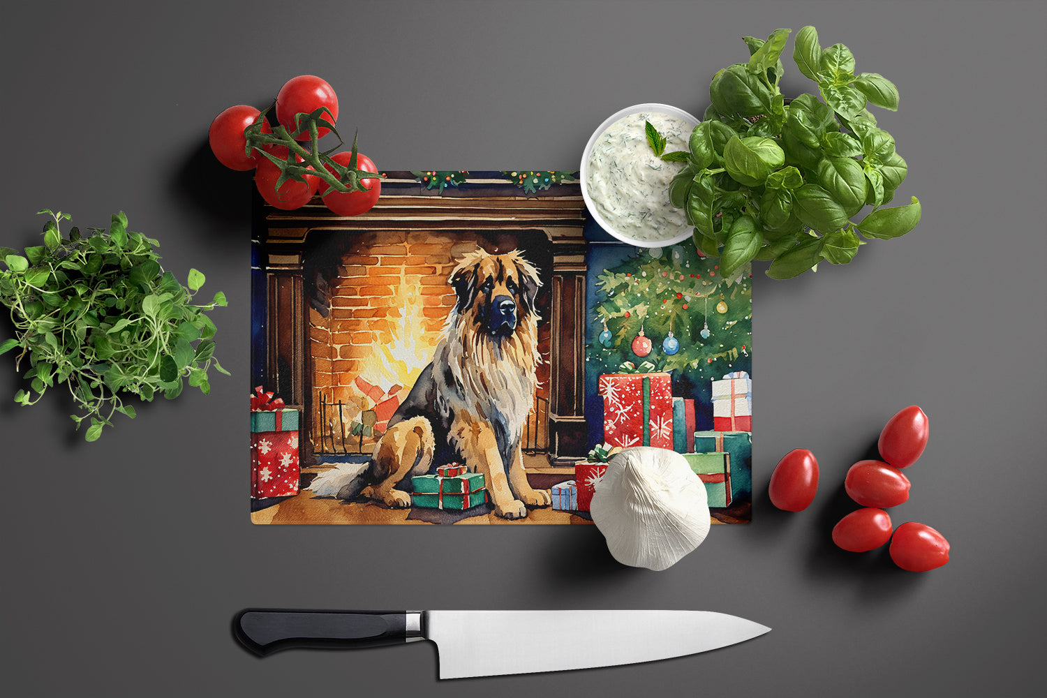 Leonberger Cozy Christmas Glass Cutting Board Large