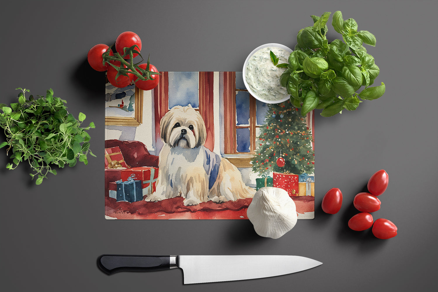 Lhasa Apso Cozy Christmas Glass Cutting Board Large