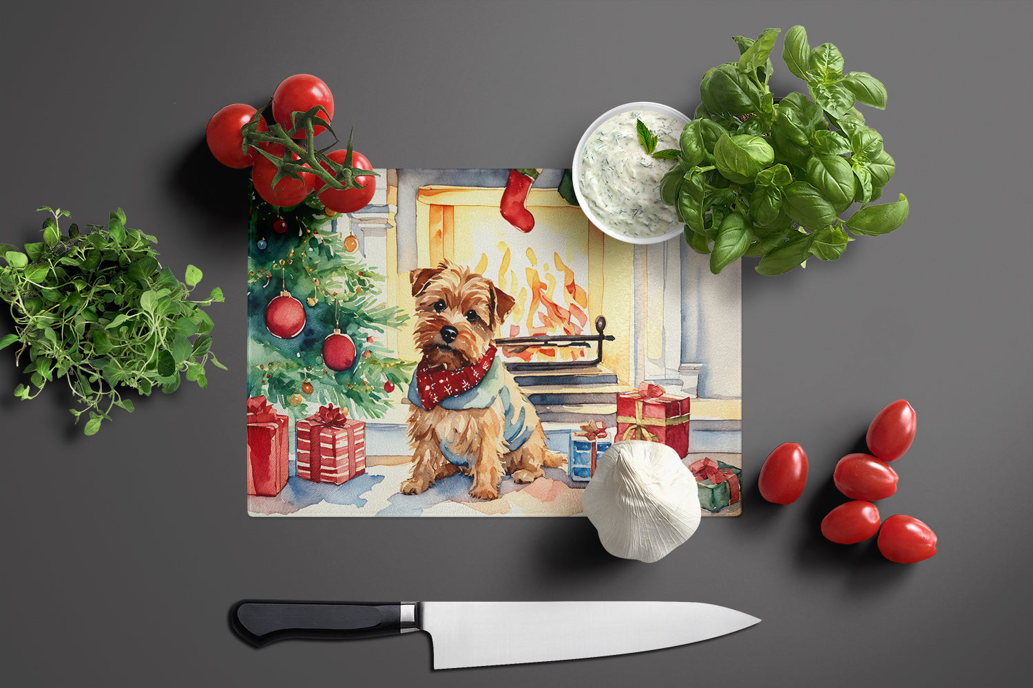 Norfolk Terrier Cozy Christmas Glass Cutting Board Large