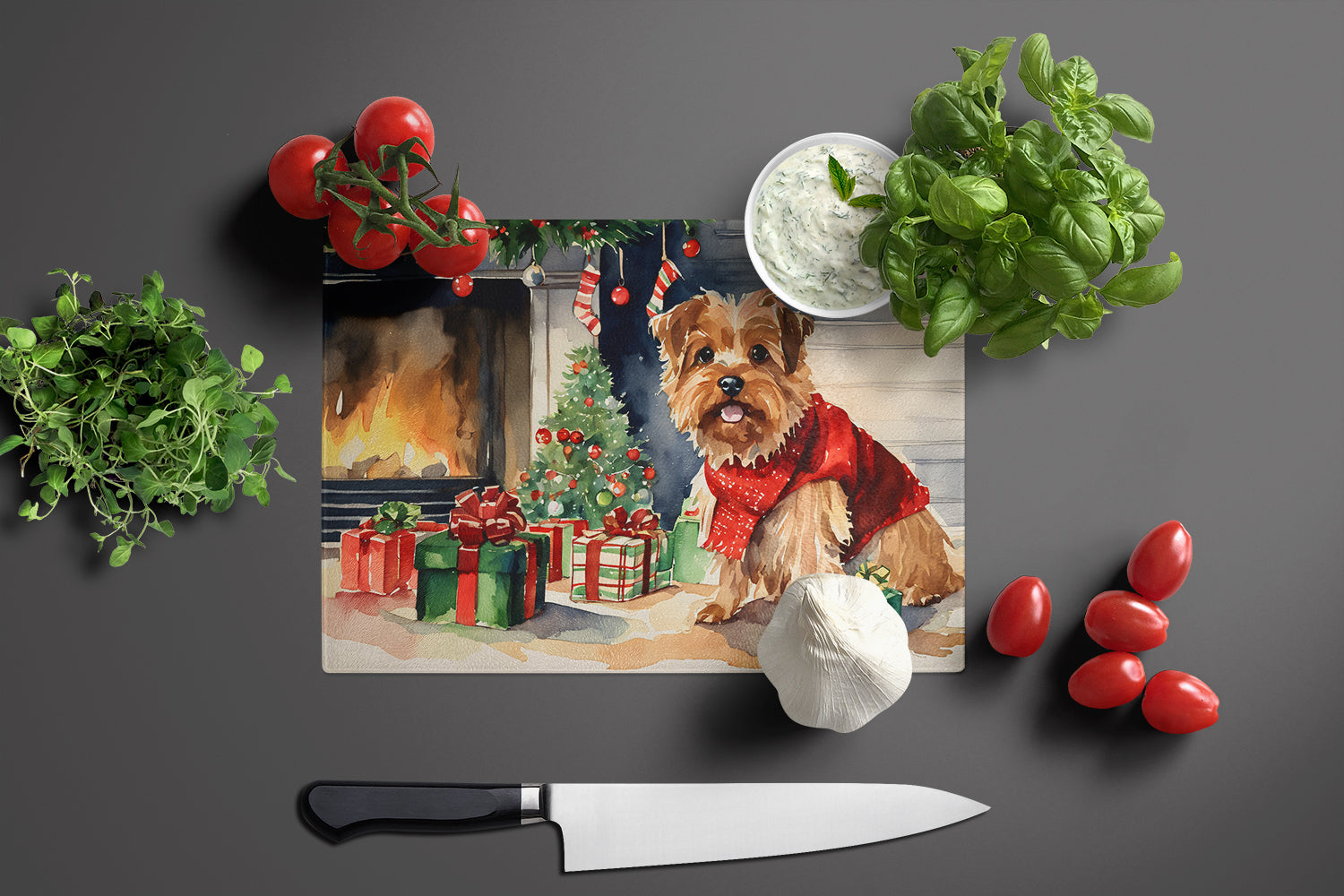 Norfolk Terrier Cozy Christmas Glass Cutting Board Large