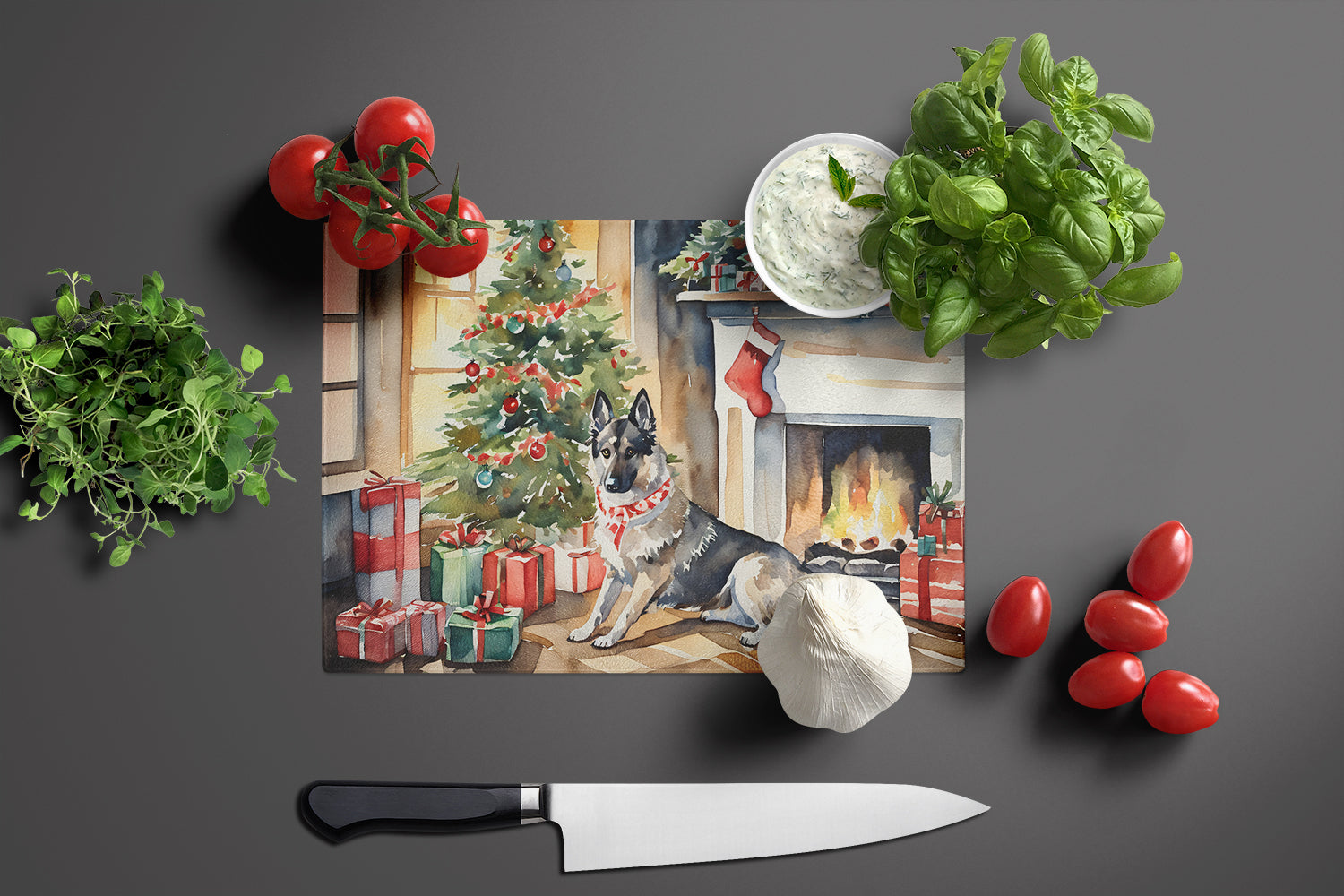 Norwegian Elkhound Cozy Christmas Glass Cutting Board Large