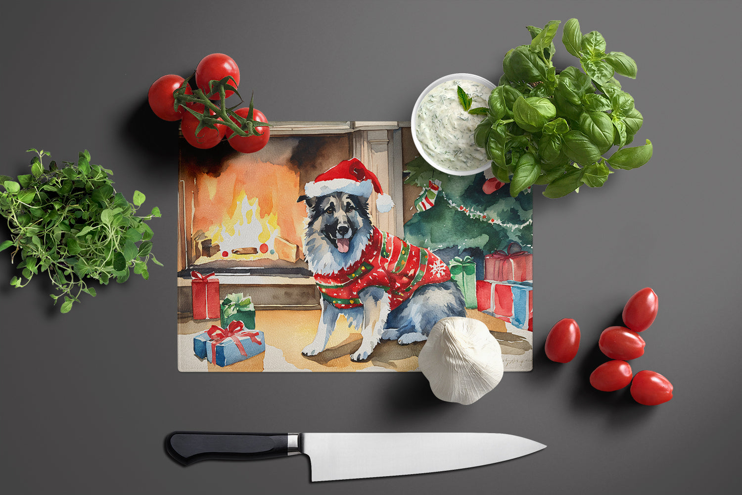 Norwegian Elkhound Cozy Christmas Glass Cutting Board Large