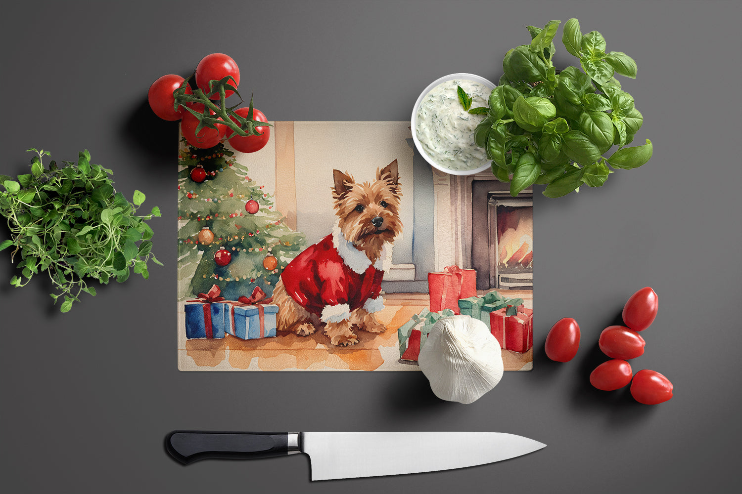Norwich Terrier Cozy Christmas Glass Cutting Board Large