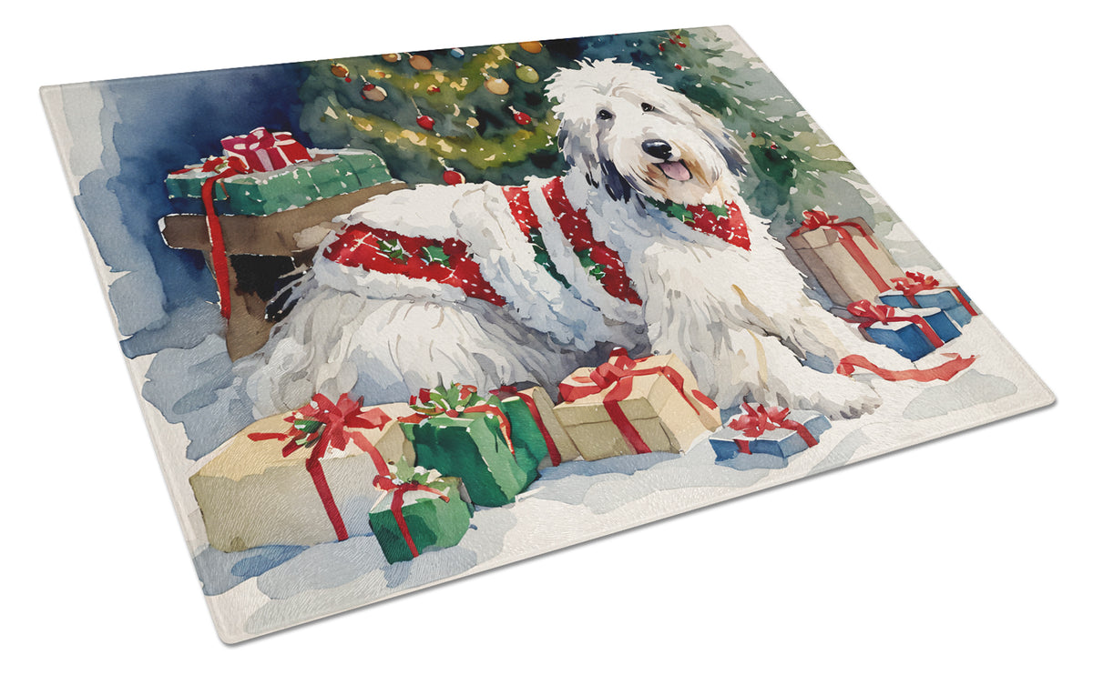 Buy this Old English Sheepdog Cozy Christmas Glass Cutting Board Large