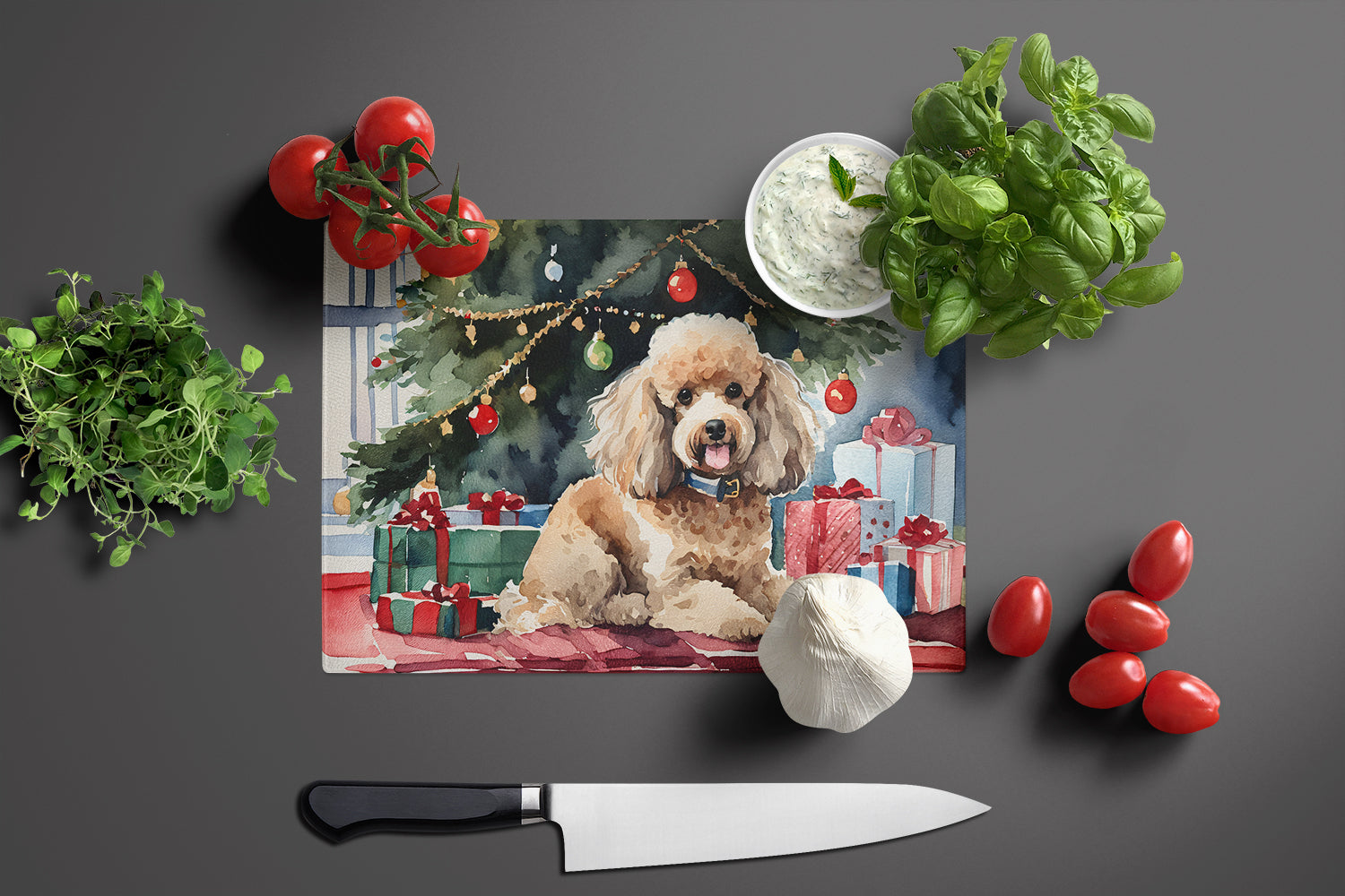 Poodle Cozy Christmas Glass Cutting Board Large