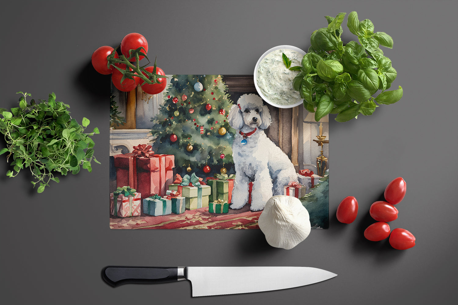 Poodle Cozy Christmas Glass Cutting Board Large