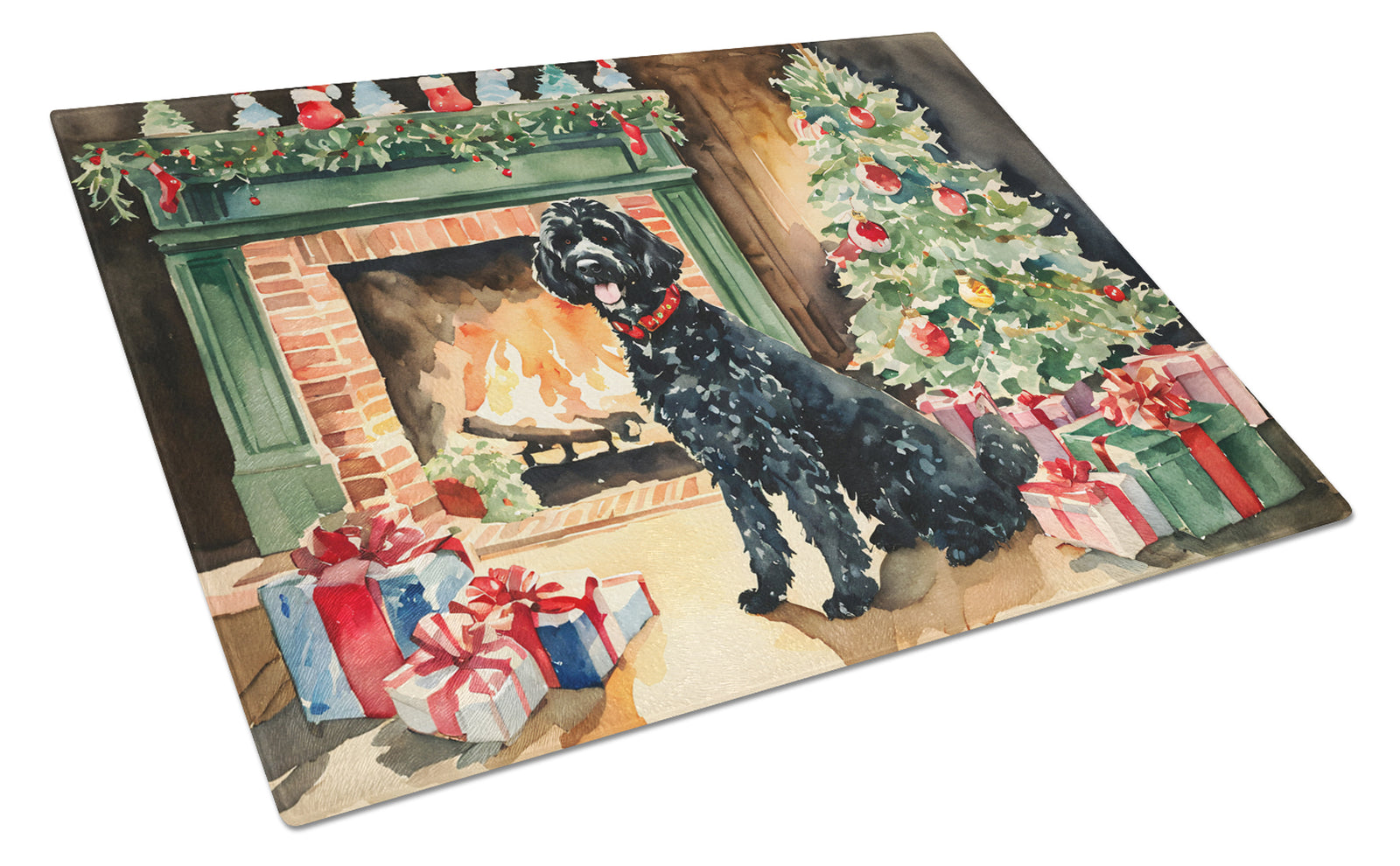Buy this Portuguese Water Dog Cozy Christmas Glass Cutting Board Large