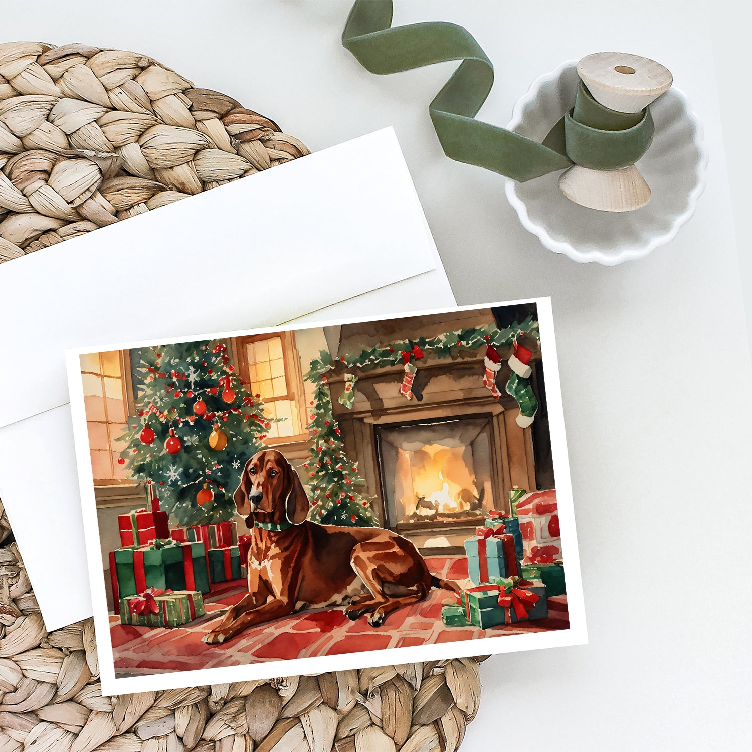 Redbone Coonhound Cozy Christmas Greeting Cards Pack of 8