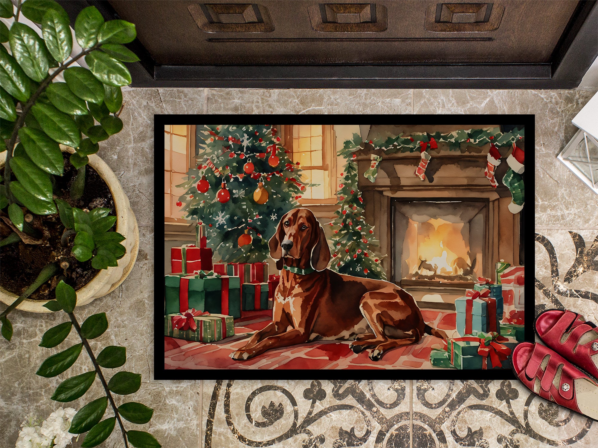 Redbone Coonhound Cozy Christmas Doormat