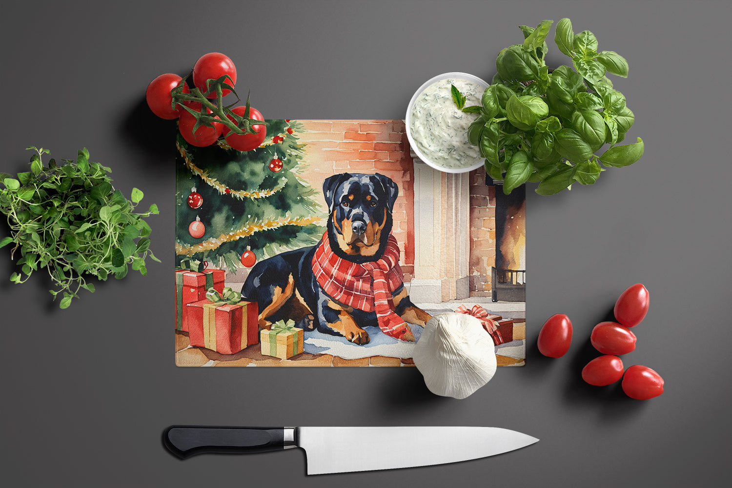 Rottweiler Cozy Christmas Glass Cutting Board Large