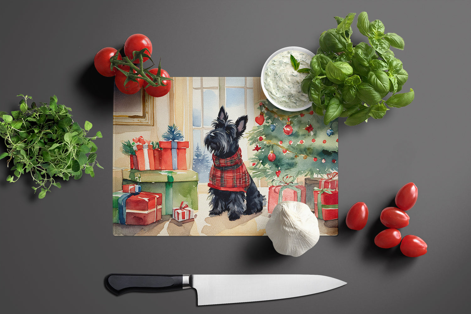 Scottish Terrier Cozy Christmas Glass Cutting Board Large
