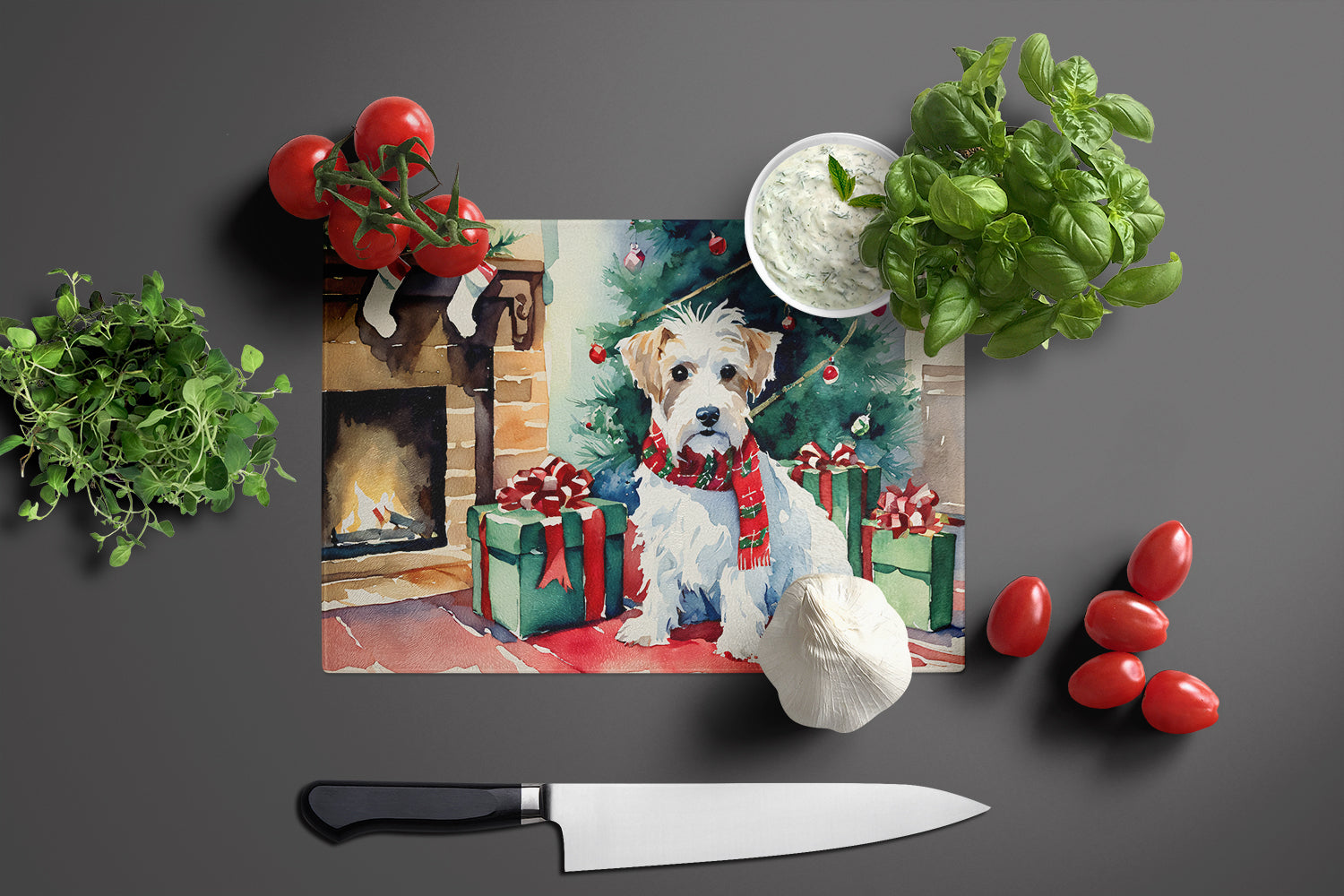 Sealyham Terrier Cozy Christmas Glass Cutting Board Large