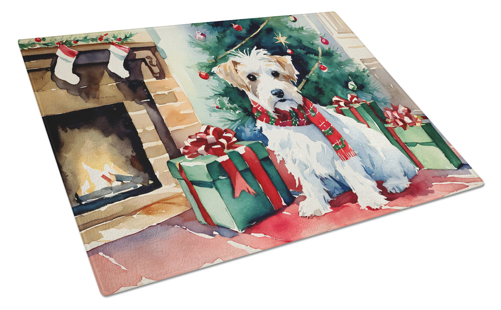 Caroline's Treasures Sealyham Terrier Cozy Christmas Glass Cutting Boards – Durable, Decorative Kitchen Art Large