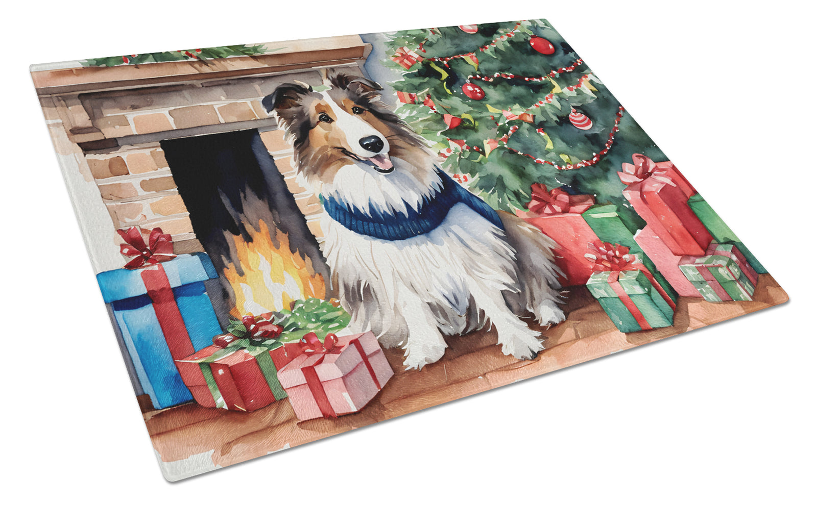 Buy this Sheltie Cozy Christmas Glass Cutting Board Large
