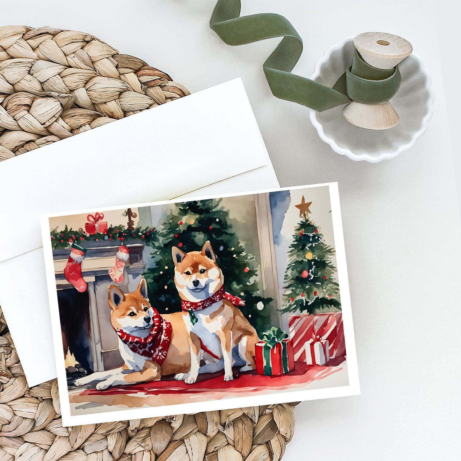 Shiba Inu Cozy Christmas Greeting Cards Pack of 8