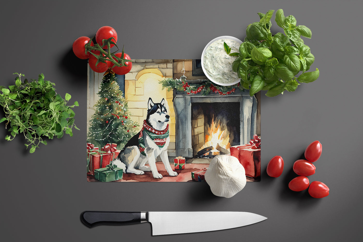 Siberian Husky Cozy Christmas Glass Cutting Board Large