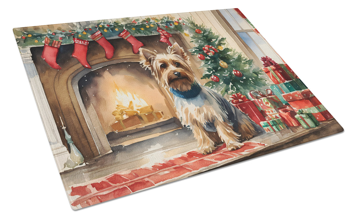 Buy this Silky Terrier Cozy Christmas Glass Cutting Board Large